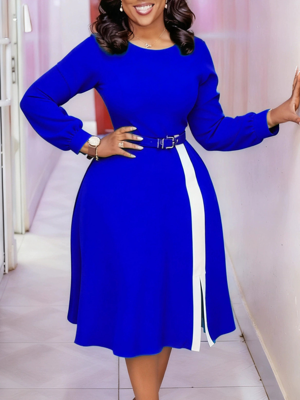 African Plus Size Long Sleeve Round Neck High Waist Elegant Color Block Dress